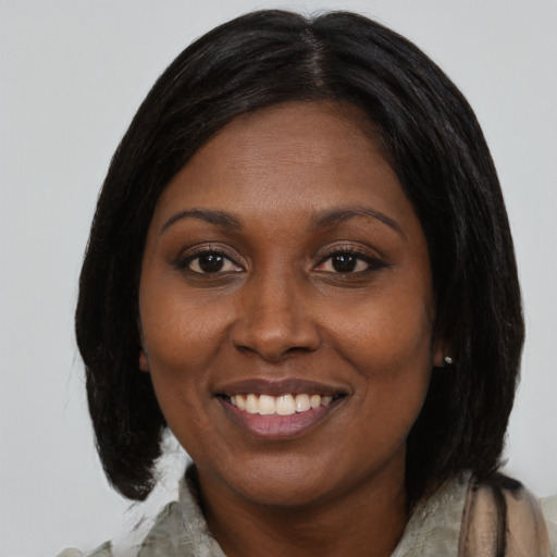 Joyful black young-adult female with medium  black hair and brown eyes