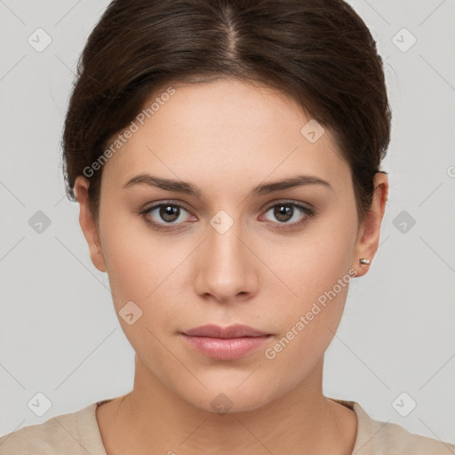 Neutral white young-adult female with short  brown hair and brown eyes