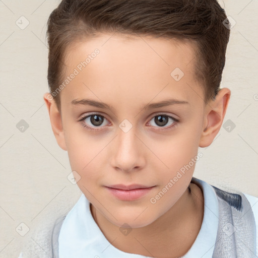 Joyful white child female with short  brown hair and brown eyes