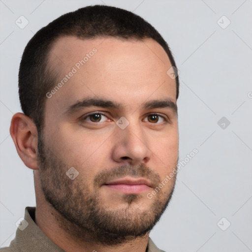 Neutral white young-adult male with short  brown hair and brown eyes