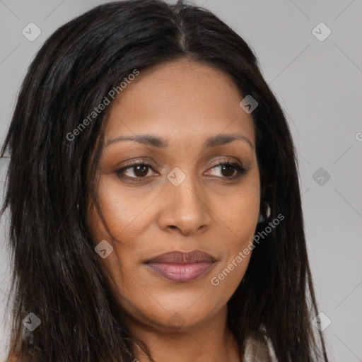 Joyful asian young-adult female with long  brown hair and brown eyes