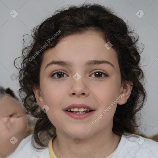 Joyful white child female with medium  brown hair and brown eyes