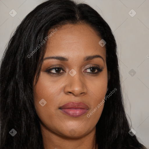 Joyful asian young-adult female with long  brown hair and brown eyes