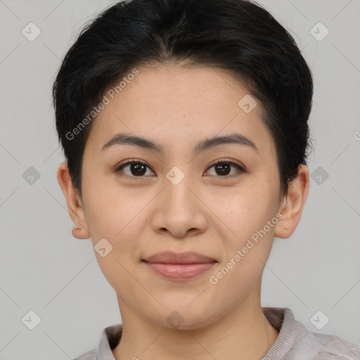 Joyful asian young-adult female with short  brown hair and brown eyes