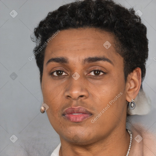 Neutral black young-adult female with short  brown hair and brown eyes