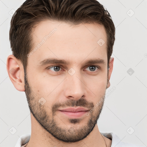 Neutral white young-adult male with short  brown hair and brown eyes