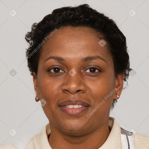 Joyful black adult female with short  brown hair and brown eyes