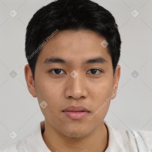 Neutral asian young-adult male with short  black hair and brown eyes