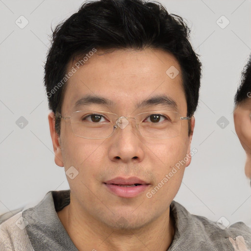 Neutral asian young-adult male with short  brown hair and brown eyes