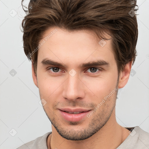 Neutral white young-adult male with short  brown hair and brown eyes