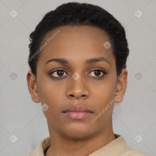 Neutral black young-adult female with short  brown hair and brown eyes