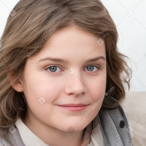 Joyful white child female with medium  brown hair and grey eyes