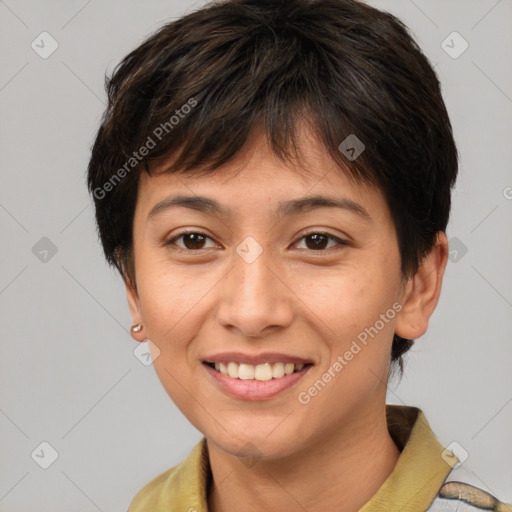 Joyful white young-adult female with short  brown hair and brown eyes