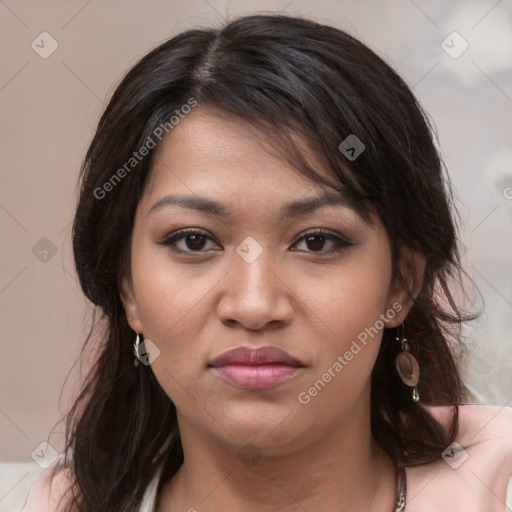 Joyful white young-adult female with medium  brown hair and brown eyes