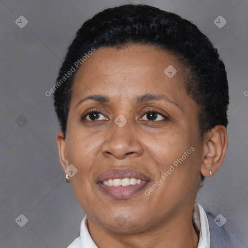 Joyful black adult female with short  black hair and brown eyes