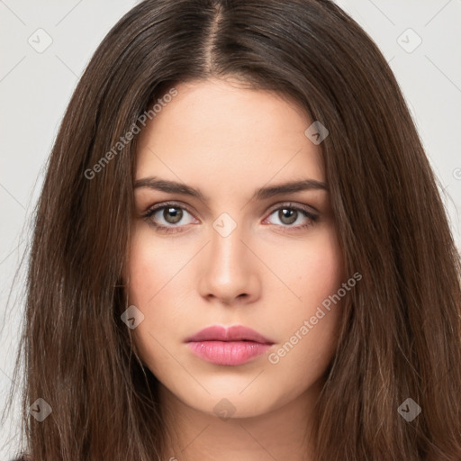 Neutral white young-adult female with long  brown hair and brown eyes