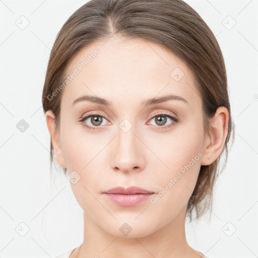 Neutral white young-adult female with medium  brown hair and grey eyes