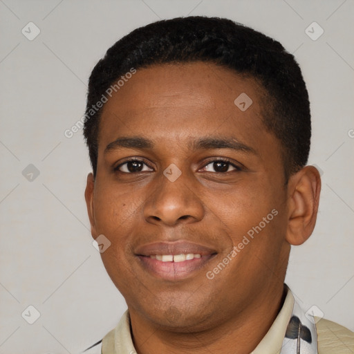 Joyful latino young-adult male with short  black hair and brown eyes