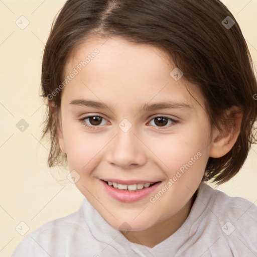 Joyful white child female with medium  brown hair and brown eyes