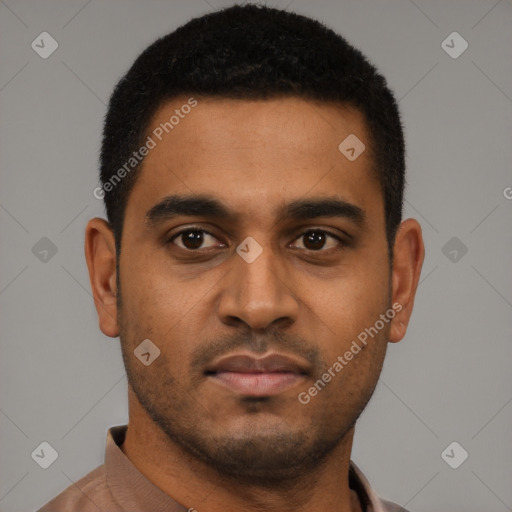 Neutral latino young-adult male with short  brown hair and brown eyes