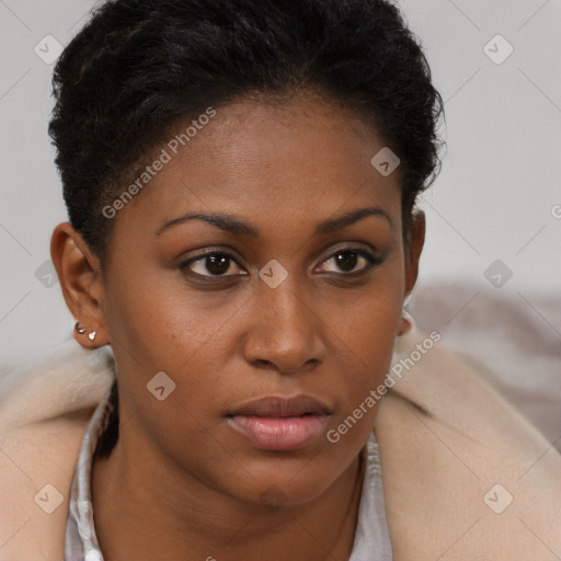 Neutral black young-adult female with short  brown hair and brown eyes