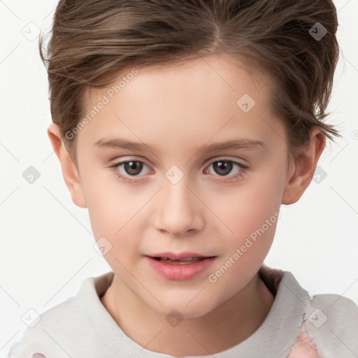 Joyful white child female with short  brown hair and brown eyes