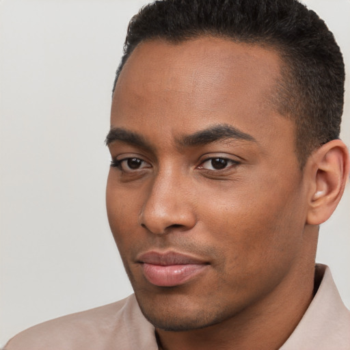 Neutral black young-adult male with short  brown hair and brown eyes