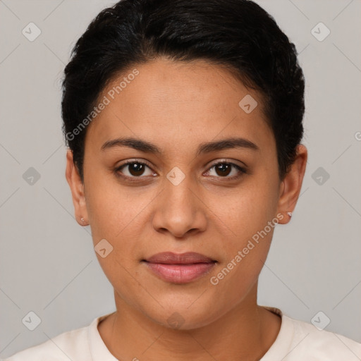 Joyful latino young-adult female with short  brown hair and brown eyes