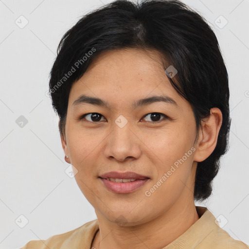 Joyful asian young-adult female with short  brown hair and brown eyes