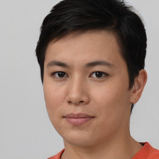 Neutral asian young-adult female with short  brown hair and brown eyes