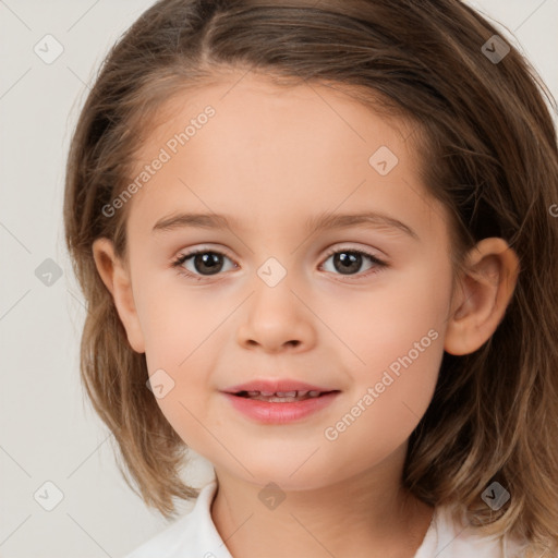 Joyful white child female with medium  brown hair and brown eyes