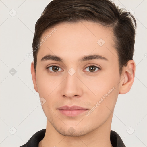 Neutral white young-adult male with short  brown hair and brown eyes