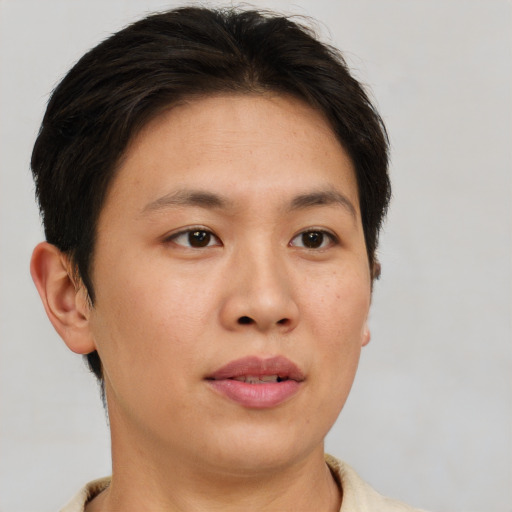 Neutral asian young-adult female with short  brown hair and brown eyes
