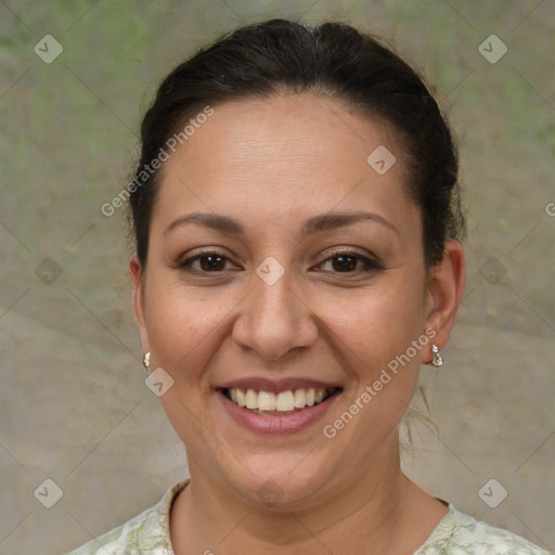 Joyful white adult female with short  brown hair and brown eyes