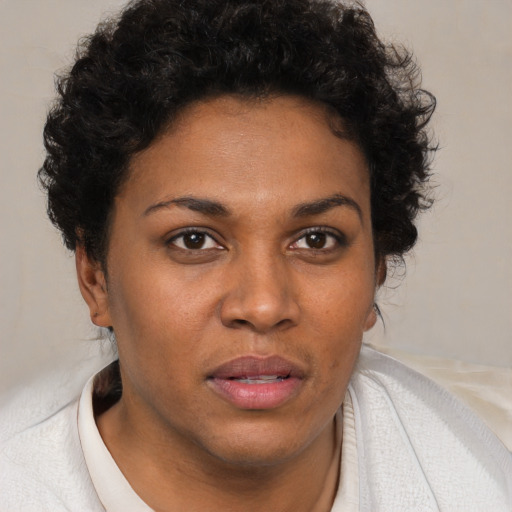 Joyful black adult female with short  brown hair and brown eyes