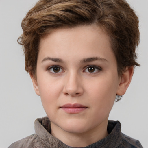 Neutral white young-adult female with short  brown hair and brown eyes