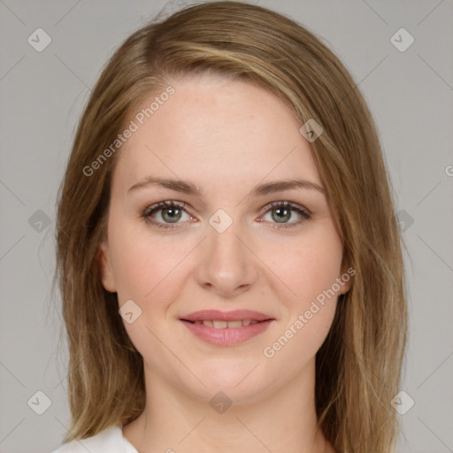 Joyful white young-adult female with medium  brown hair and green eyes