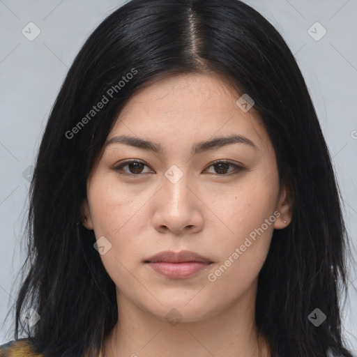 Neutral asian young-adult female with medium  black hair and brown eyes