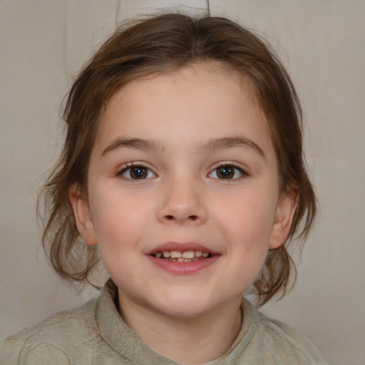 Joyful white child female with medium  brown hair and brown eyes