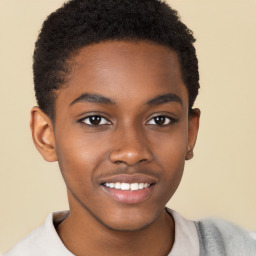 Joyful black young-adult male with short  brown hair and brown eyes