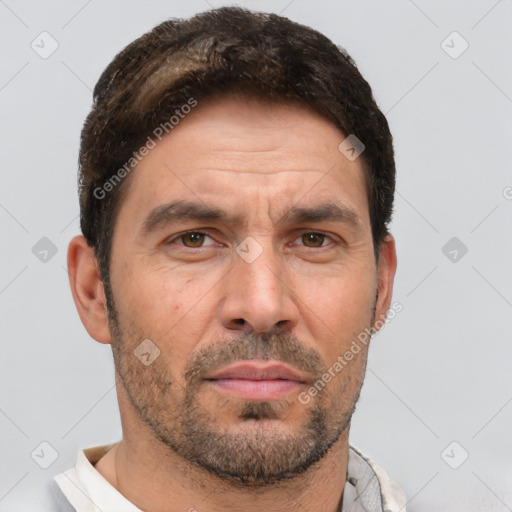 Neutral white adult male with short  brown hair and brown eyes