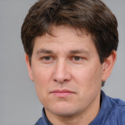 Joyful white adult male with short  brown hair and grey eyes