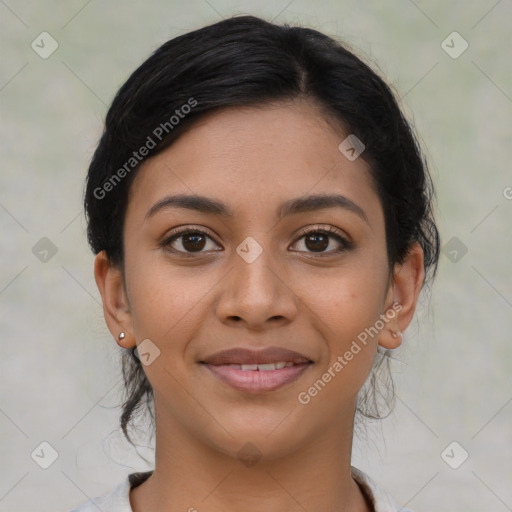 Joyful latino young-adult female with medium  black hair and brown eyes