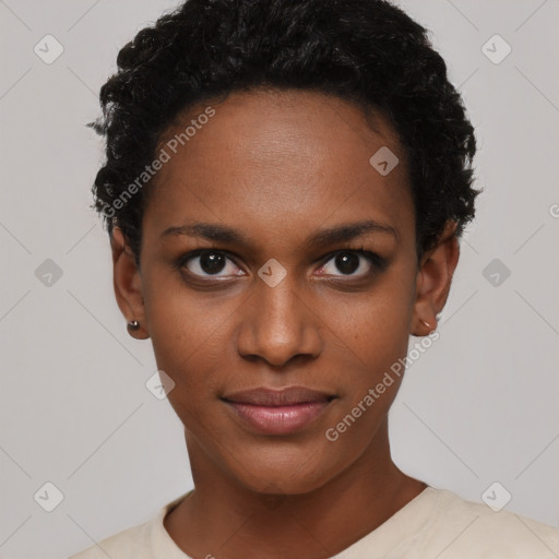 Neutral black young-adult female with short  black hair and brown eyes