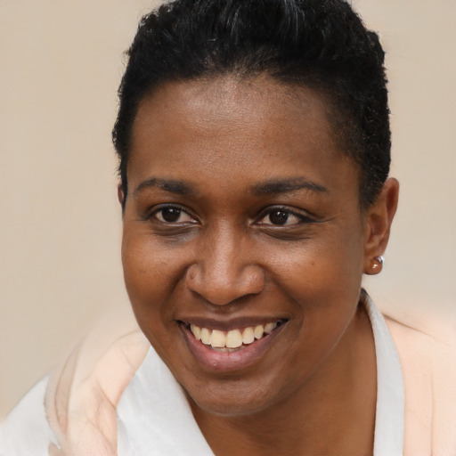 Joyful black young-adult female with short  brown hair and brown eyes