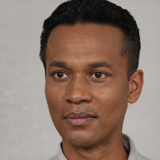 Joyful black young-adult male with short  black hair and brown eyes