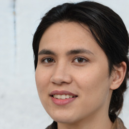 Joyful white young-adult female with medium  brown hair and brown eyes