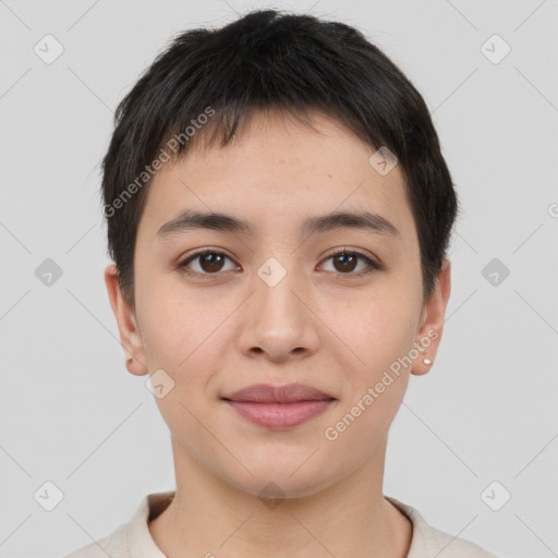 Joyful asian young-adult female with short  brown hair and brown eyes