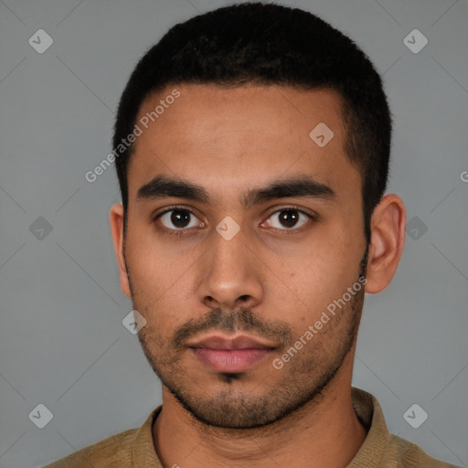 Neutral latino young-adult male with short  black hair and brown eyes