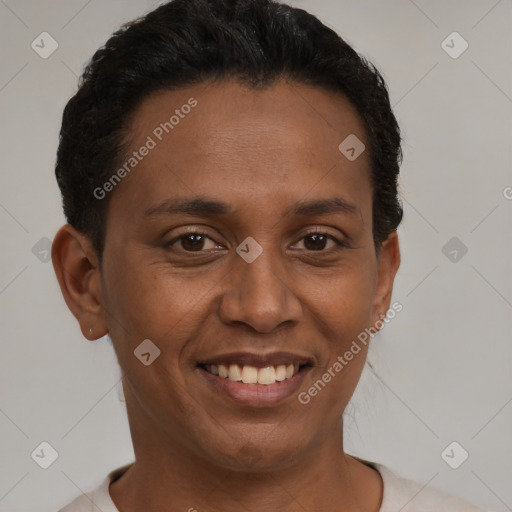 Joyful latino young-adult female with short  brown hair and brown eyes